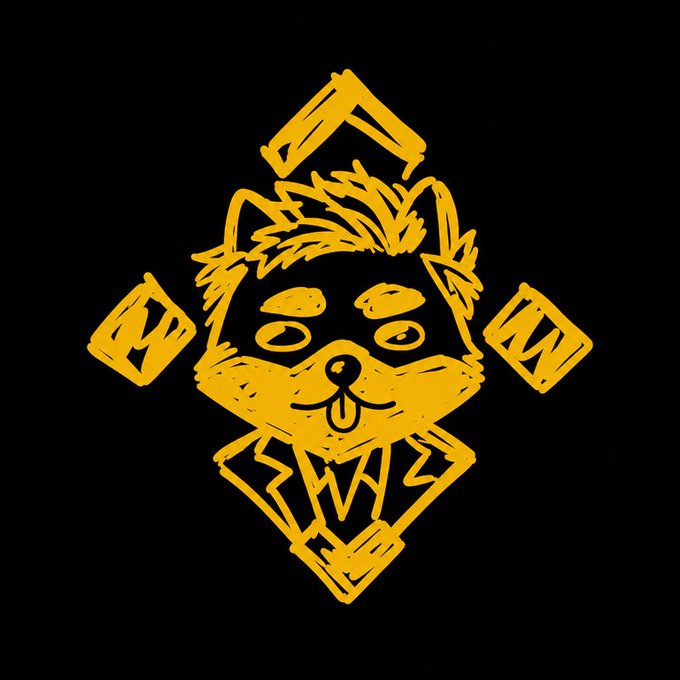 A minimalist yellow line-art illustration of a fluffy dog's face with a tongue sticking out, surrounded by diamond-shaped card icons on a black background.