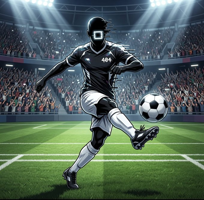 A stylized illustration of a soccer player wearing a black jersey with the number '404' and a glitch-effect face, kicking a soccer ball on a stadium field before a cheering crowd.