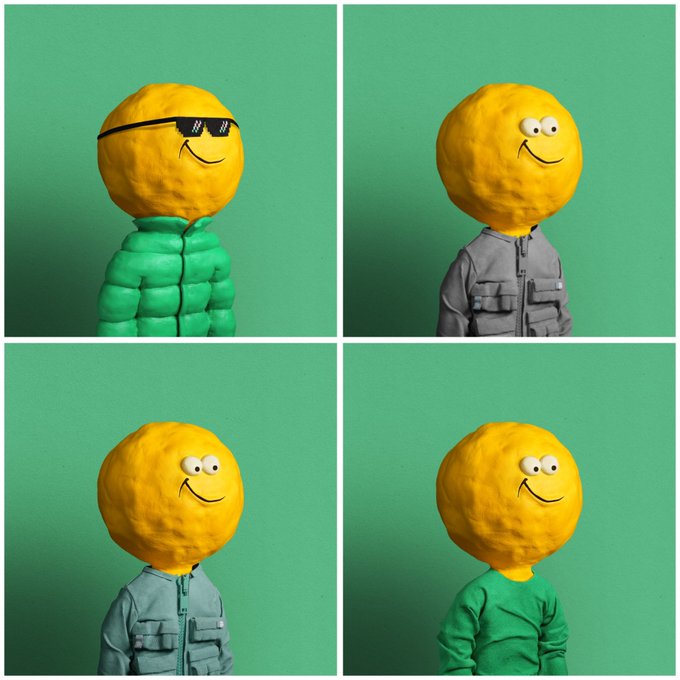 A four-panel collage showing figures with yellow lemon-like heads for faces, dressed in various jackets against a green background.