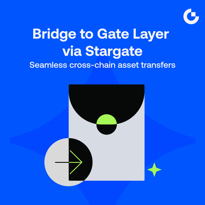 A blue promotional graphic titled "Bridge to Gate Layer via Stargate" with the subtitle "Seamless cross-chain asset transfers," featuring abstract geometric shapes including an arrow and a starry background pattern.