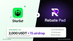 A promotional graphic showing a 'Starlist' badge and a 'Rebate Pad' logo, with text announcing a '2,000 USDT + 1% airdrop' competition.