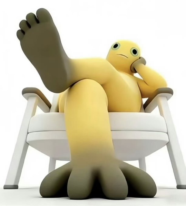 A 3D-rendered yellow creature with large eyes sitting in a white chair with one foot propped up, displaying three toes.