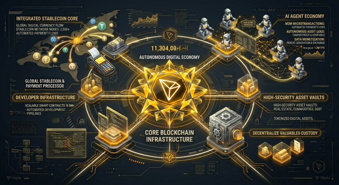 An infographic illustrating 'Core Blockchain Infrastructure' and an 'Autonomous Digital Economy' featuring 'TRON' branding, including sections for 'Integrated Stablecoin Core,' 'Developer Infrastructure,' 'High-Security Asset Vaults,' and 'Decentralize Valuables Custody' with the number '11,304.08' prominently displayed.