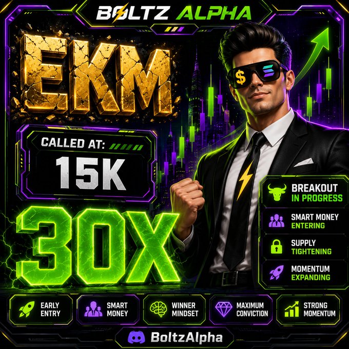 A promotional graphic for 'BOLTZ ALPHA' featuring a man in sunglasses, gold 'EVM' lettering, 'CALLED AT: 15K', '30X', and indicators like 'BREAKOUT IN PROGRESS' and 'SMART MONEY ENTERING'.