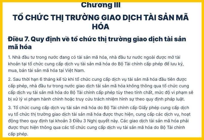 A Vietnamese regulatory document titled 'Chương III - TỔ CHỨC THỊ TRƯỜNG GIAO DỊCH TÀI SẢN MÃ HÓA' outlining Article 7 regulations on cryptocurrency trading organizations and licensing requirements.