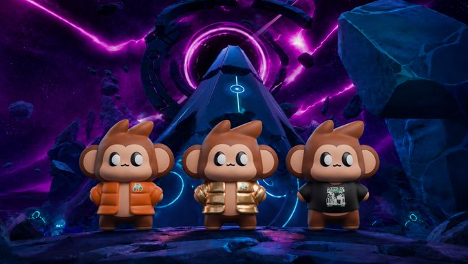 The image features three cartoon-style monkey figurines standing next to each other, all wearing jackets. The monkeys are positioned at different angles, creating a sense of depth and perspective. In the background, there's a purple sky with stars, giving the scene an otherworldly feel. The caption below the image reads: "3 new avatars have landed in @OthersideMeta If you minted Tales from the Taco Dojo, you can now play as @Jarritos Chimpi in the iconic orange puffer! Plus 2 special avatars unlocked by the top collectors".