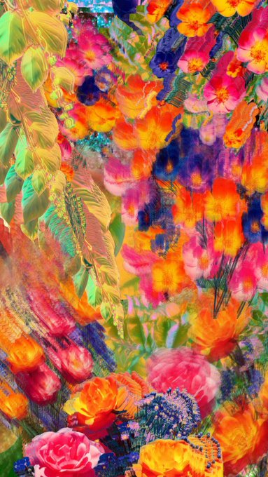 The image features a collage of various flowers, including roses and daisies, with different colors such as orange, pink, yellow, green, blue, purple, and red. The flowers are arranged in a way that creates an impressionistic painting-like effect on the background. The post is titled "Three editions of flowers were collected yesterday, thank you all so much! Shoutout to the AEW Community here on X @pantea_pipar @halving_fun @SecretariYat 1 left 3xtz".