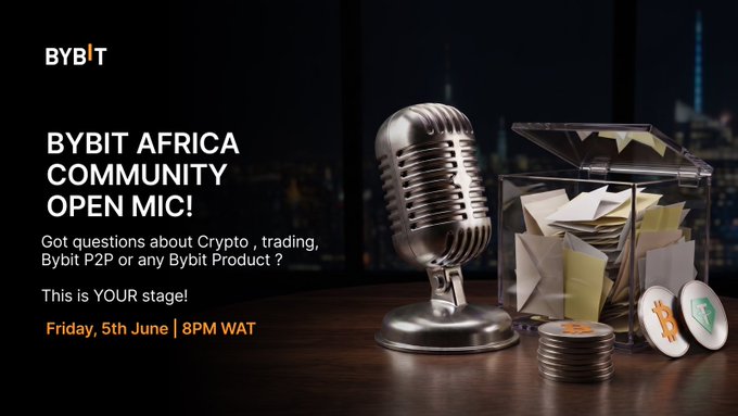 The image features a microphone, a box of coins, and some envelopes with messages written on them. The background shows an open window overlooking a city at night. The main focus of the image is the microphone placed near the coins and envelopes. The text in the image reads "BYBIT AFRICA COMMUNITY OPEN MIC! Got questions about Crypto, trading, Bybit P2P or any Bybit Product? This is YOUR stage!" which suggests that there might be a Q&A session related to cryptocurrency or other topics on the microphone's open mic night. The city view in the background adds an urban atmosphere to the image and emphasizes the idea of connecting with others through shared interests, such as crypto or music.