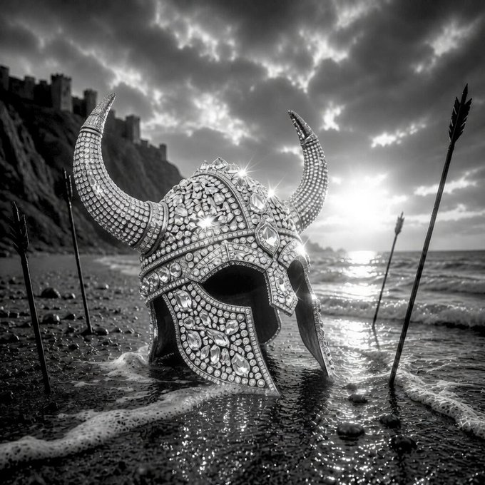 A black and white image of an ornate horned Viking helmet adorned with jewels, sitting on a beach surrounded by arrows and a distant castle.