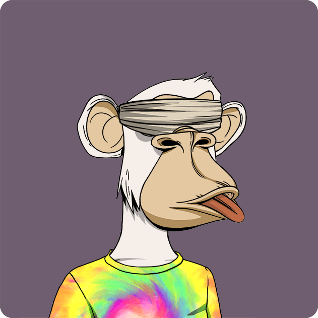 A cartoon ape with a blindfold over its eyes and its tongue sticking out, wearing a colorful tie-dye shirt, is displayed against a solid purple background. The image is part of a Bored Ape Yacht Club NFT collection, with metadata indicating this specific ape (#4140) was purchased for 8.5 ETH, reflecting the "Return to Monke" theme of the post.