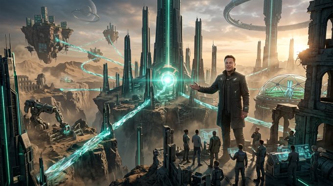 The image features a man standing in front of a futuristic cityscape, surrounded by floating islands and other buildings that appear to be made of green and blue materials. The city has a unique design with multiple towers and structures, giving it an advanced and futuristic appearance. The man is positioned near the center of the scene, drawing attention to him as he looks directly at the camera.