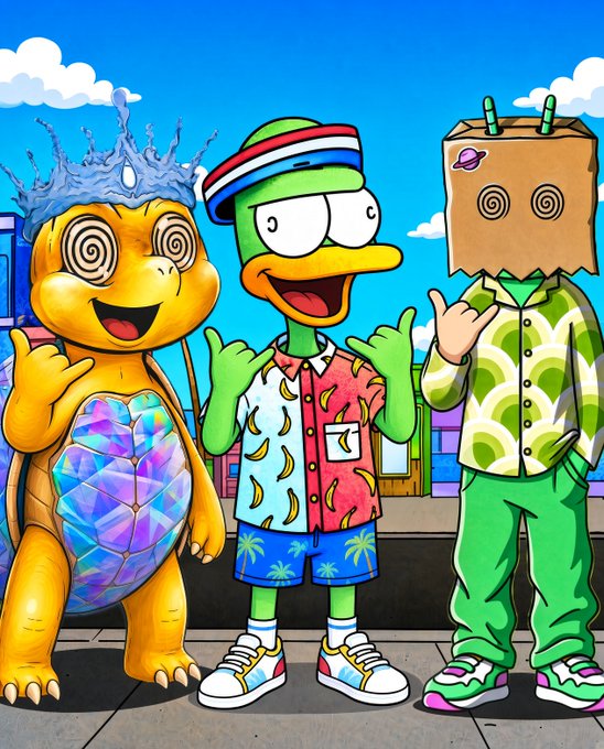 Three cartoonish NFT characters pose together: a yellow turtle with spiral eyes and a crystalline shell (ChillBugs), a green duck in a colorful visor and tropical shirt (SupDucks), and a figure with a hypnotic brown paper bag head wearing a green patterned outfit (Shellmates), all throwing up hand signs against a bright blue sky—visually representing the @heyshellmates, @supducks, and @TheChillBugs collections mentioned in the post.