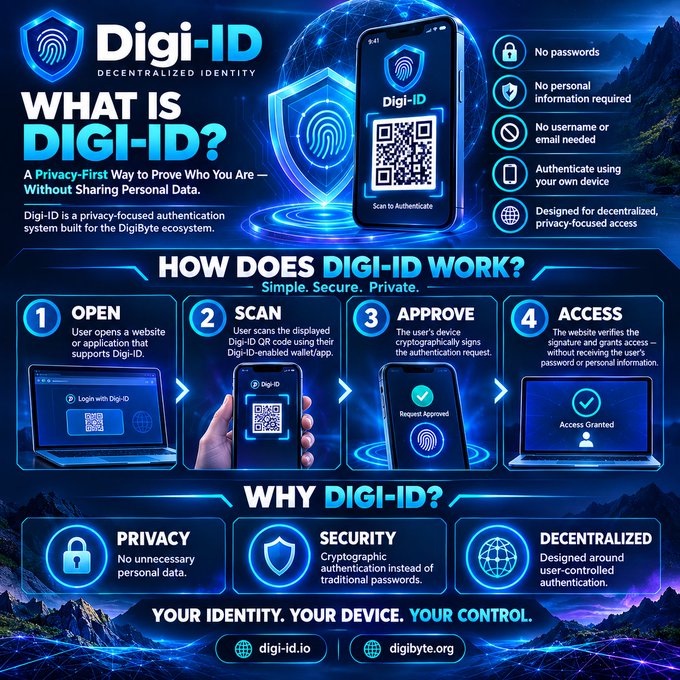 An infographic for 'Digi-ID' by the DigiByte ecosystem, explaining it as a privacy-first, decentralized identity system with no passwords, no personal info, and no usernames. It outlines a four-step process (Open, Scan, Approve, Access) and highlights features like privacy, security, and decentralization, with URLs digi-id.io and digibyte.org.