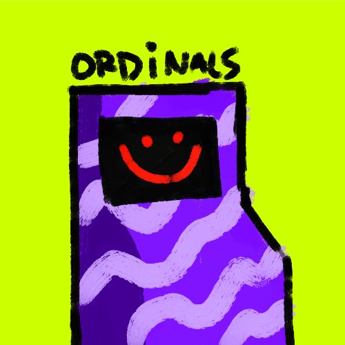 A digital drawing with a yellow background features the word 'ORDINALS' written above a purple rectangular shape containing a black square with a red smiley face.