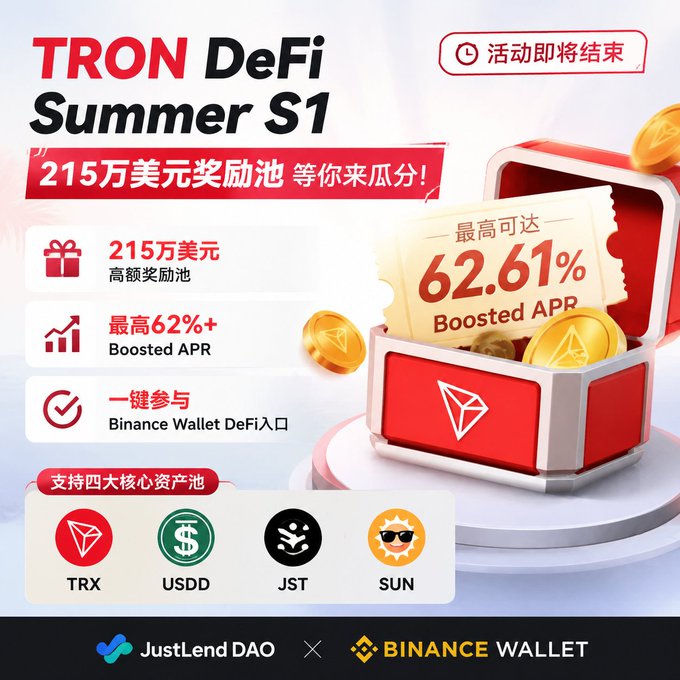A promotional banner for the TRON DeFi Summer S1 event, highlighting a $2.15 million reward pool ("215万美元奖励池"), a boosted APR of up to 62.61%, and support for four core asset pools (TRX, USDD, JST, SUN), co-hosted by JustLend DAO and Binance Wallet with a countdown warning ("活动即将结束") that the event is nearly over.