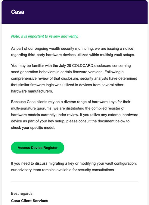 An email from Casa Client Services regarding 'wealth security monitoring' and third-party hardware devices used in multisig vault setups, referencing a July 28 COLDCARD disclosure, with a green 'Access Device Register' button.