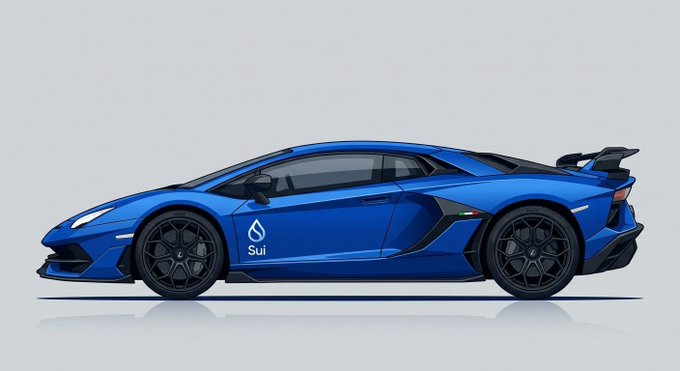 Side profile illustration of a blue Lamborghini sports car featuring the Sui cryptocurrency logo on its door.