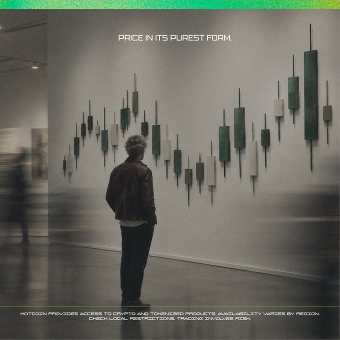 An advertisement for HOTCOIN featuring a man standing in a gallery looking at a wall art installation shaped like a stock chart, with the text "PRICE IN ITS PUREST FORM."