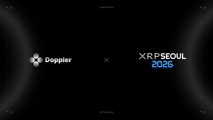 A promotional graphic with a black background features the "Doppler" logo on the left alongside the "XRPSEOUL 2026" event logo on the right, separated by an "X," announcing Doppler Finance's Platinum Sponsorship of the XRP Seoul 2026 conference.