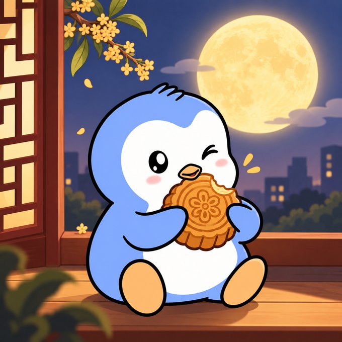 A cartoon illustration shows a cute blue and white penguin sitting on a windowsill, happily biting into a patterned mooncake with a full moon and blossoming branch in the background.
