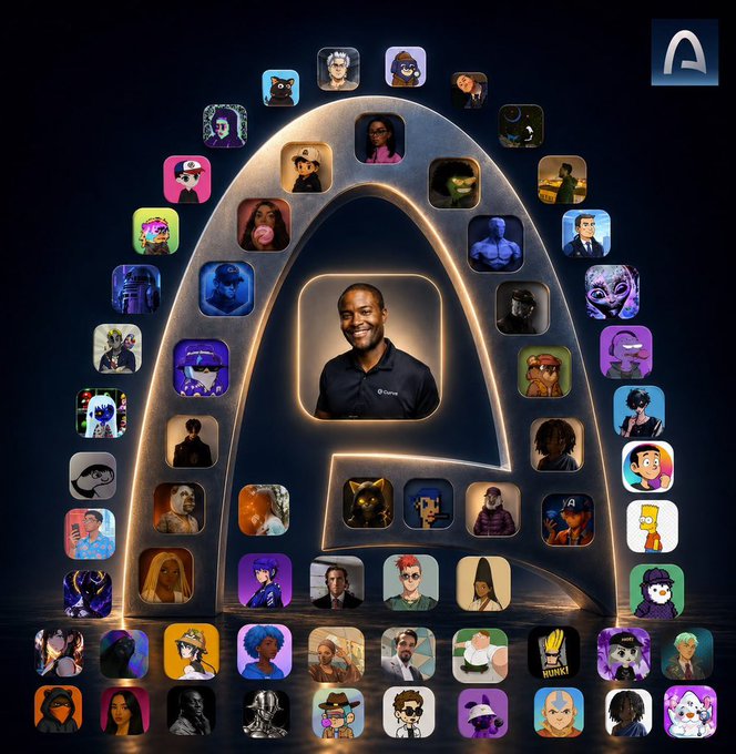 A promotional graphic featuring a large golden arch-shaped letter 'A' filled with numerous NFT avatar/profile pictures, with a man's photo centered in the middle and an 'A' logo in the top right corner.