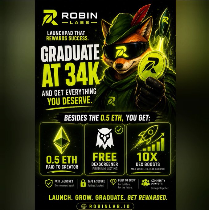 A promotional graphic for 'Robin Labs' launchpad, featuring a fox mascot in sunglasses and the slogan 'GRADUATE AT 34K AND GET EVERYTHING YOU DESERVE', offering 0.5 ETH, free DexScreener premium listing, and 10X dex boosts at robinlab.io.