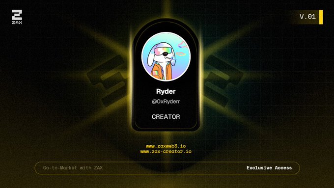 A digital profile card for 'Ryder' (@OxRyderr) labeled as 'CREATOR' featuring a dog avatar in sunglasses, with branding for 'ZAX' and web3 creator platforms.