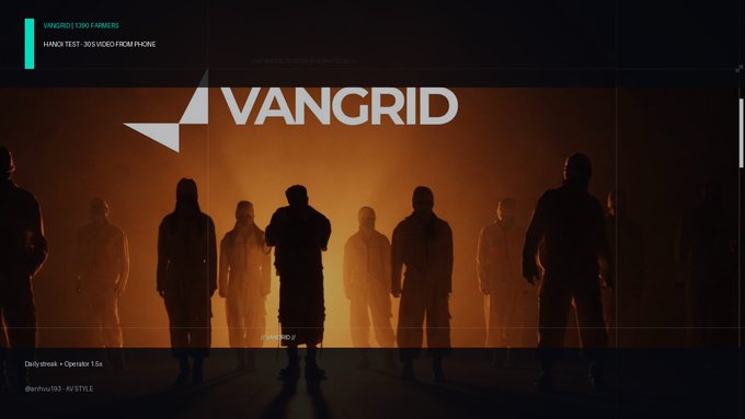 A dark promotional banner for 'VANGRID' featuring silhouettes of figures against an orange backlit background, with text reading 'VANGRID | 1,000 FARMERS' and 'HYNCH TEST : 30/5 VIDEO FROM PHONE'.