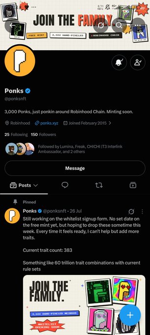 Screenshot of a Twitter/X profile for 'Ponks' (@ponksnft) with the bio '3,000 Ponks, just ponkin around Robinhood Chain. Minting soon.' showing a pinned post about a whitelist signup.