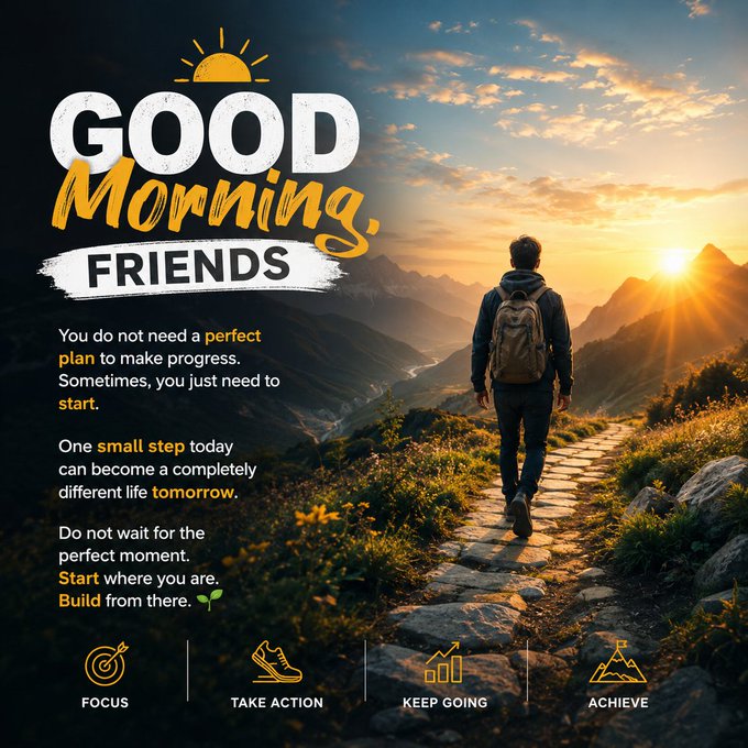 A motivational graphic titled 'GOOD Morning, FRIENDS' showing a hiker on a mountain path at sunrise, with inspirational text about starting where you are and icons labeled 'FOCUS', 'TAKE ACTION', 'KEEP GOING', and 'ACHIEVE'.