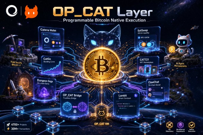 A promotional graphic for 'OP_CAT Layer' advertising 'Programmable Bitcoin Native Execution' with a glowing Bitcoin coin and connected modules including Catena Wallet, CatGo, SatSwap, CAT721, Dungeon Saga, OP_CAT Bridge, Lambit, and ClawChat, plus stats showing '30M+ Transactions'.