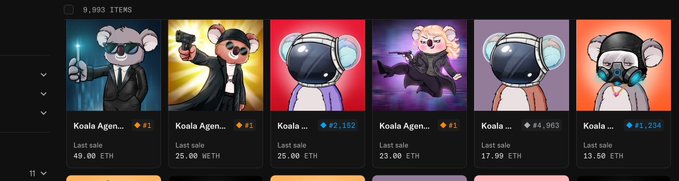A screenshot from an NFT marketplace showing 9,993 Koala Agent items for sale, with last sale prices ranging from 13.50 ETH to 49.00 ETH.