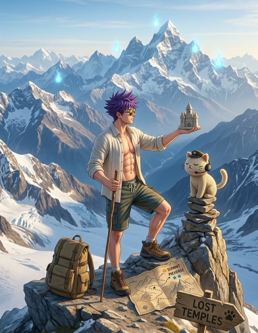 The image features a man standing on top of a mountain, holding up an object that appears to be a map or a signpost. The man is wearing a backpack and sunglasses while looking at his surroundings. A cat can also be seen nearby. In the background, there are several mountains with snow-covered peaks, creating a picturesque scene. The image seems to be related to a post on social media that encourages people to adopt pets or participate in community activities for rewards.