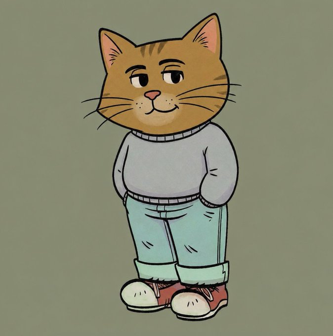 A cartoon illustration of an orange tabby cat with a slight smile, wearing a light blue sweater, cuffed jeans, and red sneakers, standing against a solid green background.