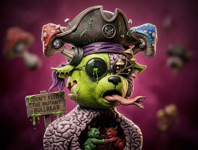 Grotesque 3D-rendered zombie dog wearing a pirate hat with mushrooms, an eye patch, and exposing its brain and intestines, with a sign reading 'DON'T FEED THE MUTANT BULLBEAR'.