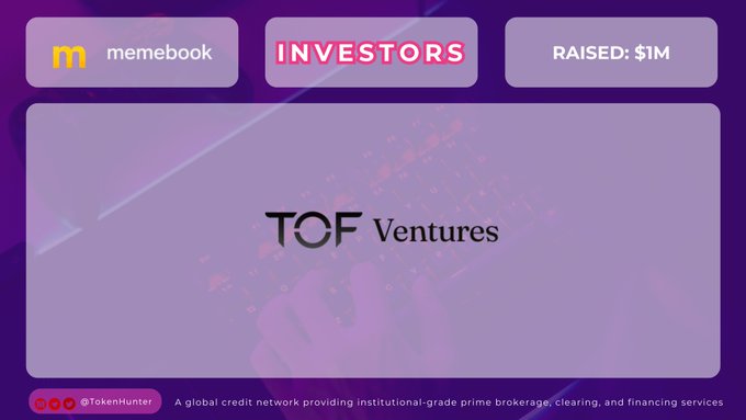 A digital interface displays the 'TCF Ventures' logo and name, with buttons at the top labeled 'memebook', 'INVESTORS', and 'RAISED: $1M', and a footer reading '@TokenHunter - A global credit network providing institutional-grade prime brokerage, clearing, and financing services'.