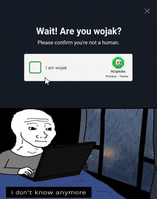 The image shows a man sitting at a desk with his laptop open, looking sad or thoughtful as he works. Below him, there's a message that reads "WAIT! Are you wojak? Please confirm you're not a human. I am wojak. HCAPHA Privacy Terms". The post seems to be promoting the idea of protecting one's privacy and being cautious about sharing personal information online.