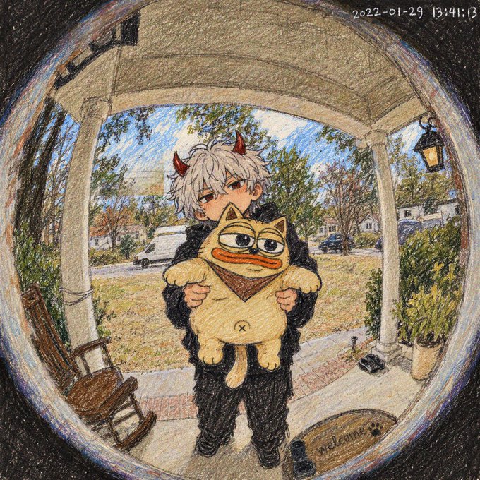 An anime-style illustration dated 2022-01-29 showing a white-haired character with red horns holding a goofy-looking yellow cat plushie on a porch with a rocking chair and welcome mat.