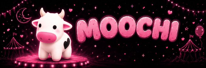The image shows a banner featuring an adorable pink cartoon cow with a heart on its side, standing on a spotlight stage surrounded by string lights, carnival tents, and hearts against a dark background, with the text "MOOOCHI" in bubbly pink letters. The post's mention of a community member adding a banner for the $MOOCHI token aligns perfectly with this whimsical, character-driven design that likely serves as official branding for the token on the Moby platform.