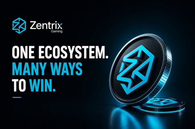 The image is a promotional graphic for Zentrix Gaming featuring their logo and two large branded coins against a dark background, with the tagline "ONE ECOSYSTEM. MANY WAYS TO WIN." displayed prominently in white and blue text.

The visual reinforces the accompanying message by illustrating Zentrix Gaming's unified Web3 gaming platform—symbolizing how their single ecosystem consolidates multiple gaming activities (raffles, prediction markets, skill-based games, and rewards) into one cohesive experience rather than requiring users to navigate separate platforms.