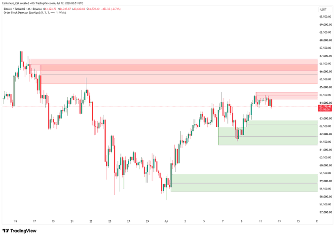 This is a 4-hour Binance chart for Bitcoin/TetherUS showing price action between June 15th and July 12th, with highlighted sell order blocks above the price. The chart indicates that prices are currently trading within a sell order block.