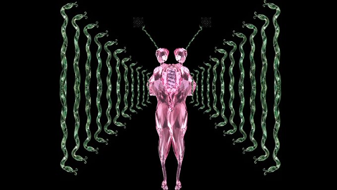 A surreal digital artwork of a pink humanoid figure with two heads, surrounded by rows of green serpentine forms against a black background.