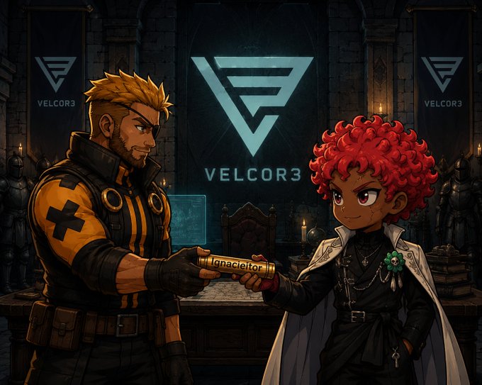 Anime-style illustration of two characters exchanging a USB drive labeled 'ignacieter' in a medieval setting, with the 'VELCOR3' logo displayed on banners and the wall.
