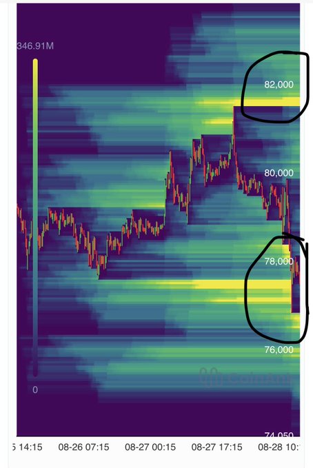 A Bitcoin price chart spanning August 25-28, showing price action around the 74,000-82,000 range with a candlestick overlay on a volume heatmap (peaking at 346.91M). The hand-drawn circles highlight key support/resistance zones near $82,000 (top) and $78,000 (bottom), illustrating where longs were liquidated before shorts' turn, reinforcing the bullish thesis that Bitcoin dips remain buying opportunities.