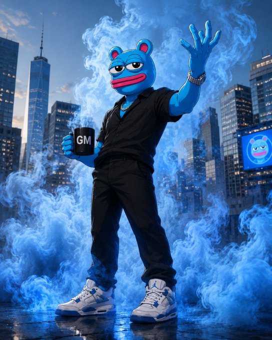 A blue cartoon bear character wearing a black shirt and pants, holding a 'GM' mug and standing in a dramatic city setting with blue smoke effects.
