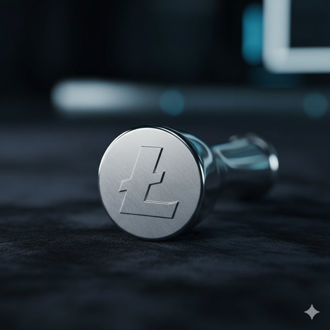 A close-up product shot of a metallic silver Litecoin (LTC) coin with the Ł symbol engraved on it, displayed on a dark textured surface with a blurred laptop in the background.