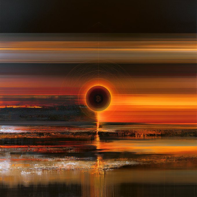 An abstract digital artwork featuring a glowing circular form resembling an eclipse over a watery landscape, with vibrant orange and red horizontal streaks reflecting across the foreground.