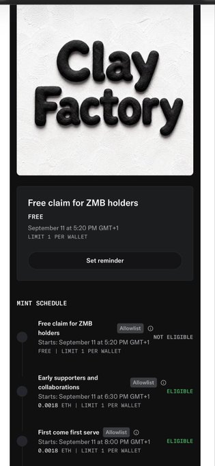 A mobile app screen for 'Clay Factory' displays a free claim for ZMB holders and an upcoming mint schedule.