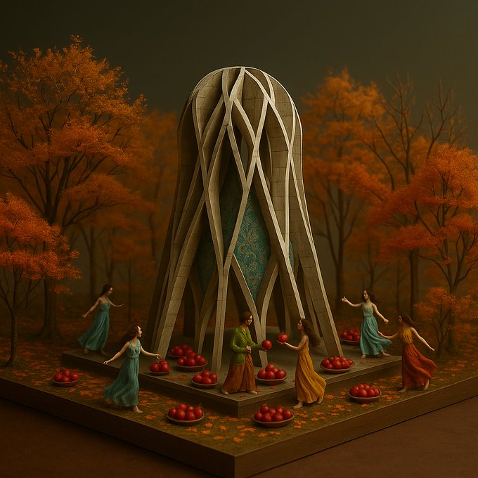 A digital artwork depicts an ornate, pod-like stone structure in an autumn forest with several women in flowing dresses dancing around it, holding bowls filled with red apples.