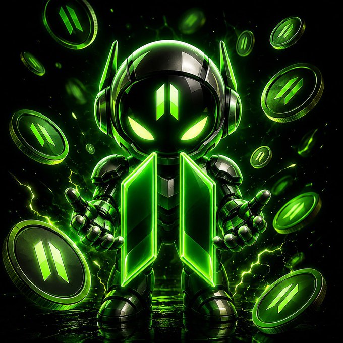 A 3D digital illustration of a robotic character with glowing green eyes and chest plates, surrounded by floating green cryptocurrency coins in a dark, electrified setting.